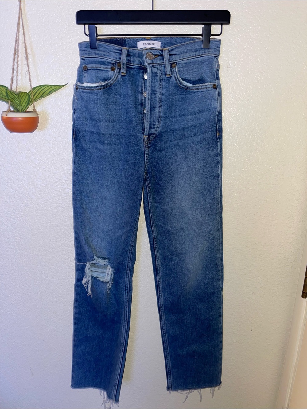Re/Done Slim Straight Distressed Blue Jeans